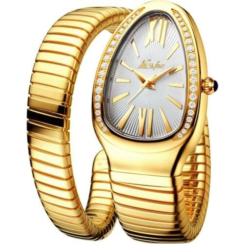 Gold women quartz watches stainless steel iron mesh belt watch durable wristwatch snake Rhinestone crystal clock