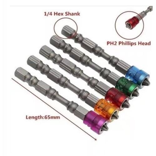 5Pcs/Set S2 Alloy PH2 Phillips Single Head Magnetic Screwdriver Bits Anti-Slip 1/4 Inch Hex Shank Drywall Electric Screwdriver