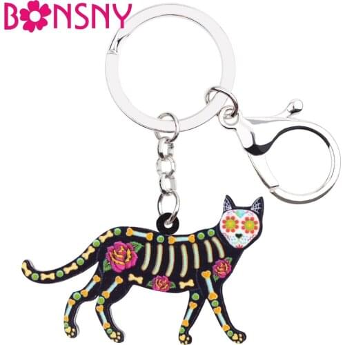 Bonsny Acrylic Halloween Floral Walking Cat Kitten Key Chains Cartoon Keyrings For Women Girl Ladies Handbag Car Charms 2018 New