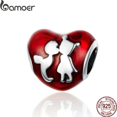 BAMOER Enamel Heart Beads for Charm Bracelet Bangle 925 Sterling Silver Boy and Girl Friends Charms Luxury Brand Jewelry SCC1187