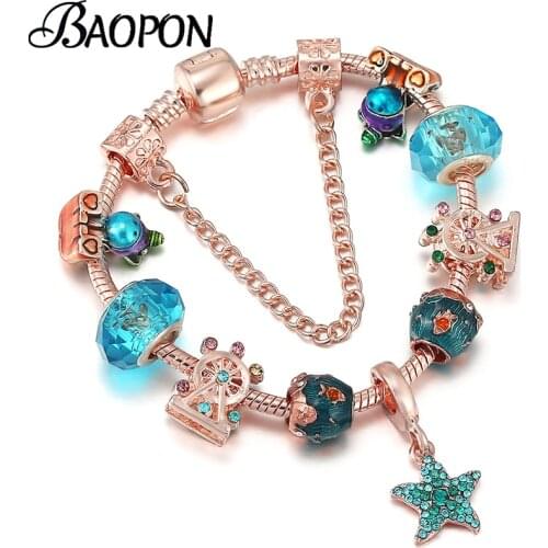 High Quality Crystal Starfish Pendant Bracelet Bangle DIY Silver Plated Charm Beads Bracelet For Women Men Brand Summer Jewlery