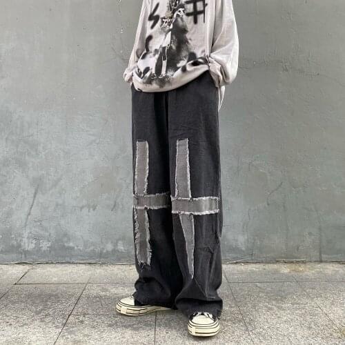 Black Cross Jeans Vintage Gothic Pants Denim Men Streetwear Hip Hop Harem Pants High Waist Denim Pants Overalls Punk Pants Boys