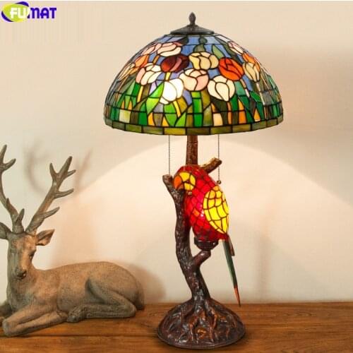 FUMAT Tiffany Style Parrot Flower Garden Desk Lamp Home Decor Double Head Desk Light Alloy Branch Frame Multicolor Art Lighting