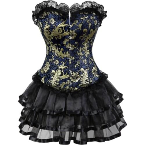 Gothic Gold Jacquard Corset Lace up Overbust Corsets Halloween Costume cosplay Dress Tutu Skirt Petticoat Showgirl Dance Dress