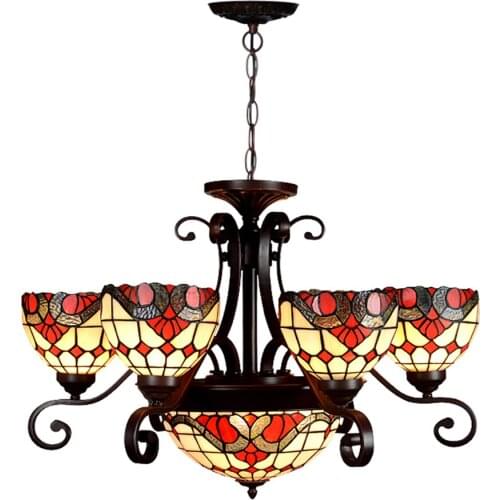 WYM Tiffany Baroque Style Chandelier W/ Handmade Stained Glass Lampshade, 8 Lights, Vintage Pendant Lamp for Home Deco&Hotel