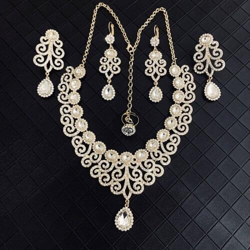 Fashion Necklace, Earrings, Brooch, Ring, Jewelry Set, Bridal Wedding Dress Decorated With Four-Piece Gold Jewelry