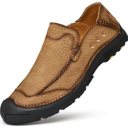 Mens Genuine Leather Shoes Classic Luxury Brand Casual Retro Style Loafers Wear-Resistant Non-Slip Outdoor Hiking Shoes