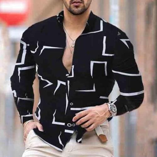 Mens Casual Long Sleeve Cardigan Streetwear Harajuku Geometric Print Shirts Men Autumn Fashion Turn-down Collar Buttoned Shirt