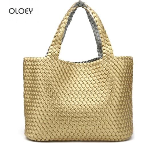 OLOEY New womens handbag double shoulder bag PU woven bag double-sided two color two purpose large capacity bucket bag