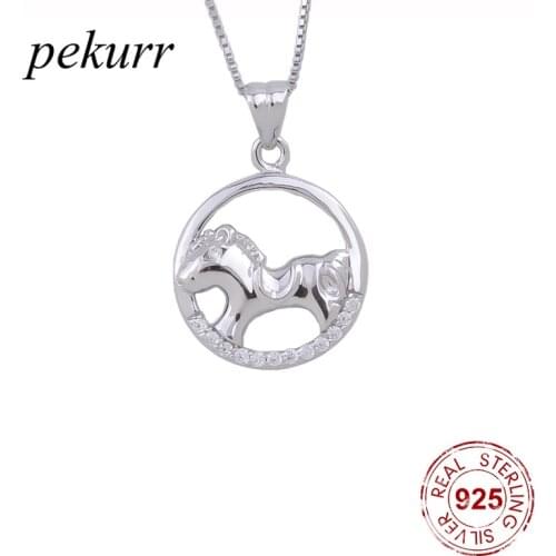 Pekurr 925 Sterling Silver Hollow Round Circle Hoop Horse Female Pendants Zircon Necklaces For Women Collar Animal Jewelry