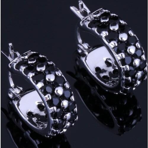 Attractive Round Black Cubic Zirconia Silver Plated Clip Hoop Huggie Earrings V0951