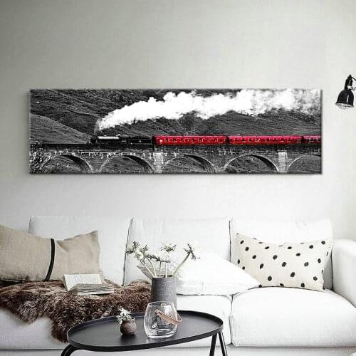 Modern White Snow Red Train Shuttles In The Woods Art Wall Canvas Painting Study Room Office Foyer Mural Cafe Decor Print Poster