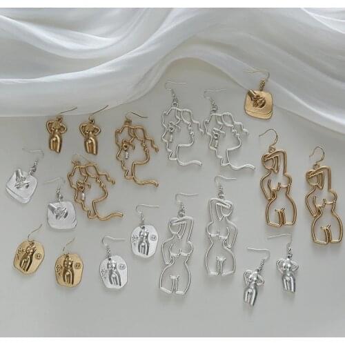 AOMU 2020 New Metal Three-Dimensional Animals Statue Hollow Irregular Abstract Body Curve Design Drop Earring for Women Gifts