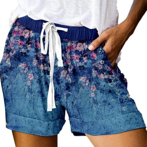 Women Summer Shorts Plus Size Polyester Floral Print Wide Leg Drawstring Pocket Casual short femme Beach Wear 2021
