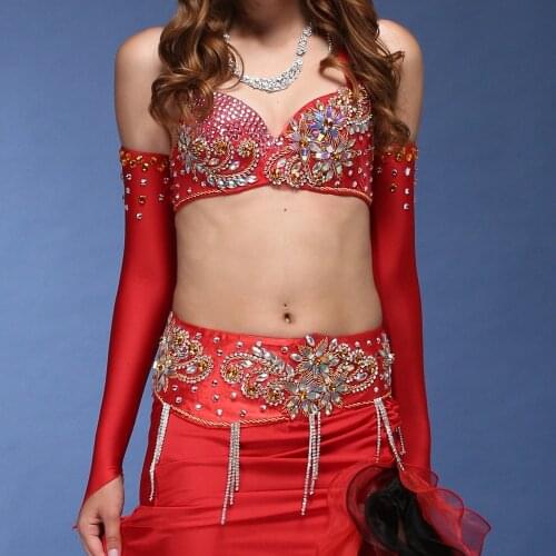 Women Belly Dance Costume Oriental Dance Clothes Eastern Style Beaded Outfits 3 Pieces Set (Bra+Belt+Sleeves) Customize