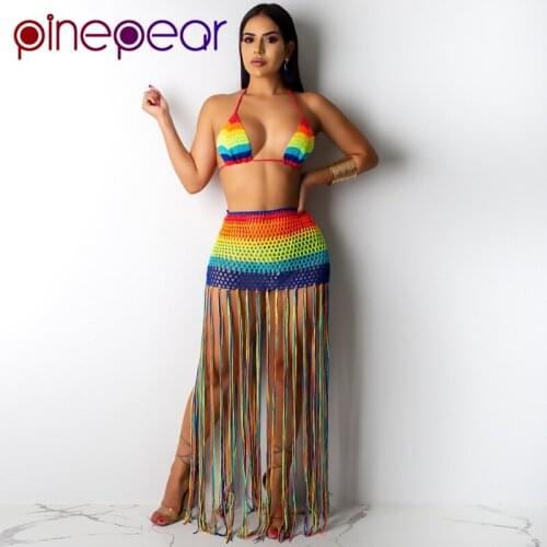 PinePear Colourful Rainbow Knit Bra + Tassel See Through Skirt 2 Piece Swimsuit Women Set 2020 Swim Suit Beach Wear Dropshipping