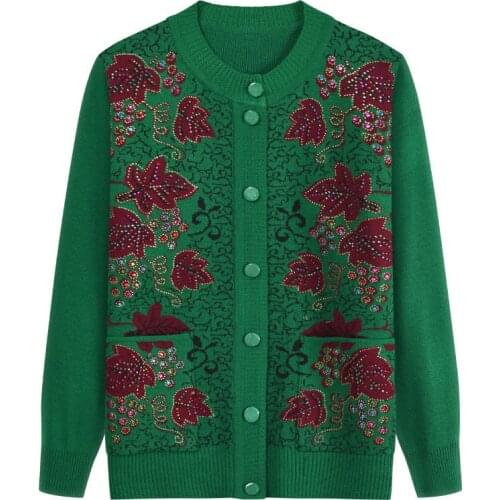 Elderly Women Knit Sweater Coat Jacket Spring Autumn Round Neck Grandmother Loose Cardigan Female Sweater Casual Tops R716