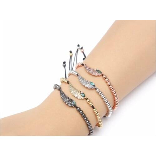 Gold silver micro pave cz Cubic Zirconia rope adjusted Copper Beads Bracelet bd434r feather Charm Braided Bangles Women