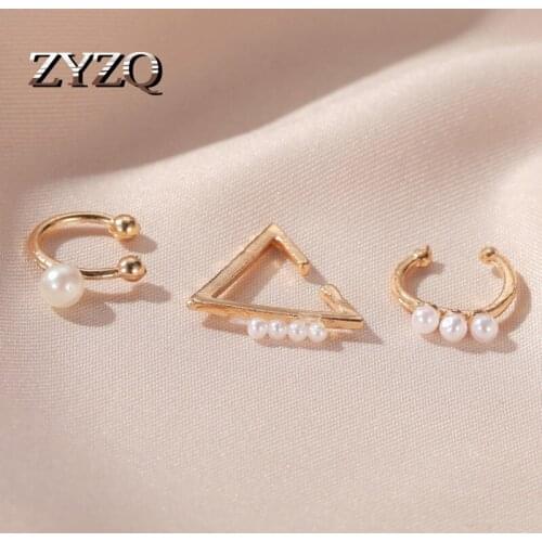 ZYZQ Temperament Three-piece Ear Clip Hollow Geometric Pearl Earless Earring Ear Bone Clip Cold Wind Earrings