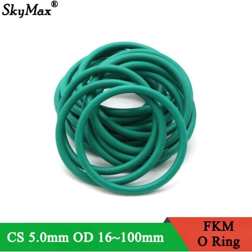 10pcs CS 5.0 mm OD 16~100 mm Green FKM Fluorine Rubber O Ring Sealing Gasket Insulation Oil High Temperature Resistance Green