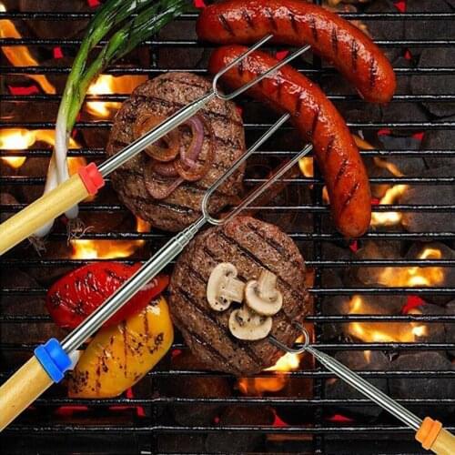8pcs Telescopic BBQ Fork Extendable Roasting Fork Stainless Steel BBQ Skewers Outdoor Campfire Barbecue Fork Grill Accessories