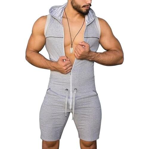 80% Hot Sales!!! Men Casual Solid Color Sleeveless Jumpsuit Pockets Short Pants Hooded Romper
