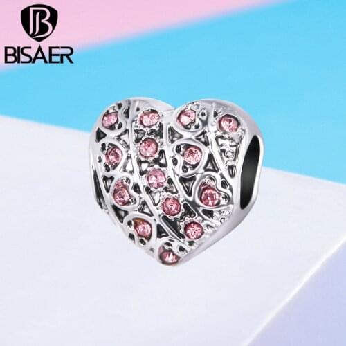 BISAER Heart Beads Silver Color Pink Crystal Cubic Zircon Heart Shape Beads Charms fit Bracelets DIY Jewelry Accessories EGC007