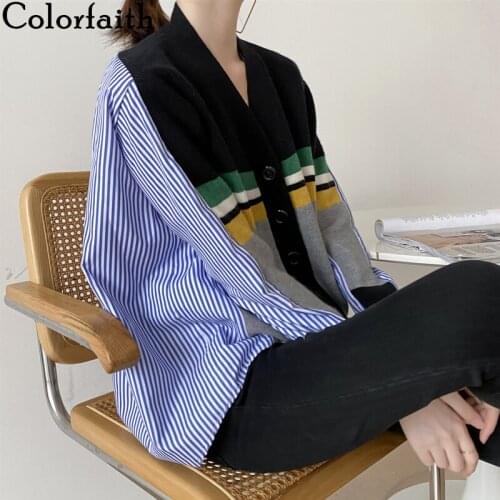 Colorfaith 2020 New Autumn Winter Womens Sweaters Buttons Cardiagans Striped Patchwork Knitted Irregular Lady Tops SWC1069JX
