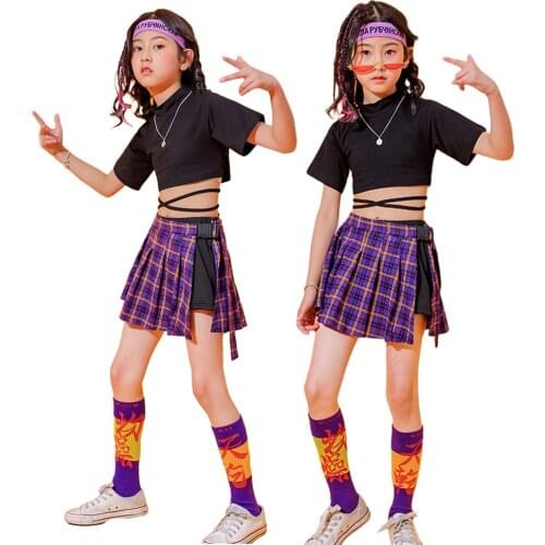 Lolanta New Child Girls Black Cropped Top Or Purple Plaid Skirt Dance Costume Kids Jazz Hip-hop Performance Costume