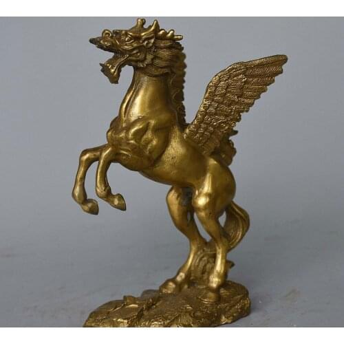 Chinese Myth Pure Brass Bring Wealth PiXiu Flying Dragon Horse Pegasus Statue