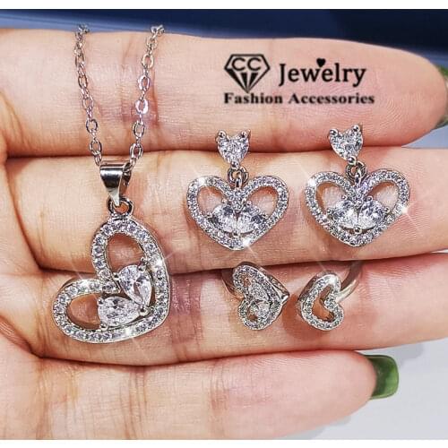 CC Heart Jewelry Set 925 Silver Necklace Earring Ring Sets Fine Jewelry for Women Cubic Zircon Wedding Accessories Gift