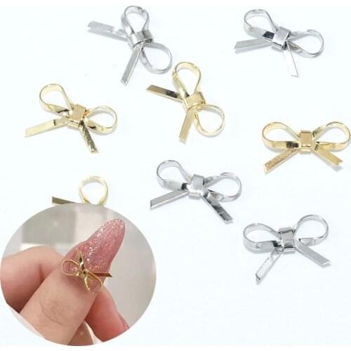 20Pcs Nail Art Metal Bow Luxury Charms Gold/Silver Simple Design Bowtie Shaped Nail 3D Rhinestones Decals Nail Accessories