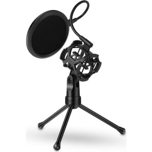 Desktop Microphone Tripod Stand Foldable Mic Stand with Shock Mount Portable Mic Holder Double-Net Pop Filter Gooseneck