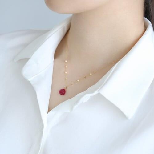 DAIMI Faceted Water Drop Ruby Necklace Female Genuine Yellow 18k Gold Seawater Pearl Pendant Customization