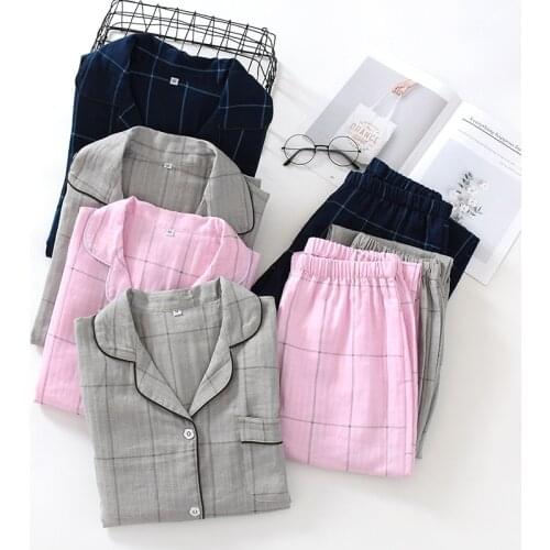 Casual Couple Lattice 100% Cotton Pajamas Suit Mens Autumn Pajamas Long Sleeve Pajamas Ladies Pajamas Mens Pajamas