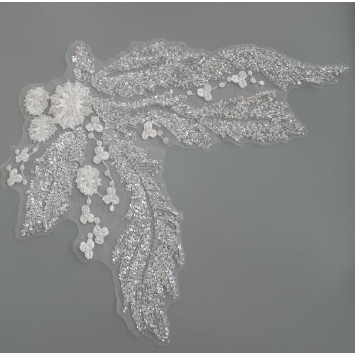 1pc Luxury large beaded lace appliques for wedding dress Rhinestone Embroidered floral parches for clothes Patch for sewing