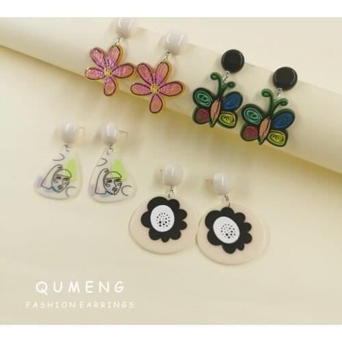 QUMENG Colorful Butterfly Abstract Face Flowers Multi-Irregular Geometry Acrylic Resin Pendant Earrings Creative Unique Jewelry