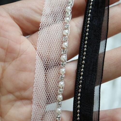 2yards Rhinestone beaded lace trims for clothes Sewing White lace trimming ribbon for DIY clothes accessories