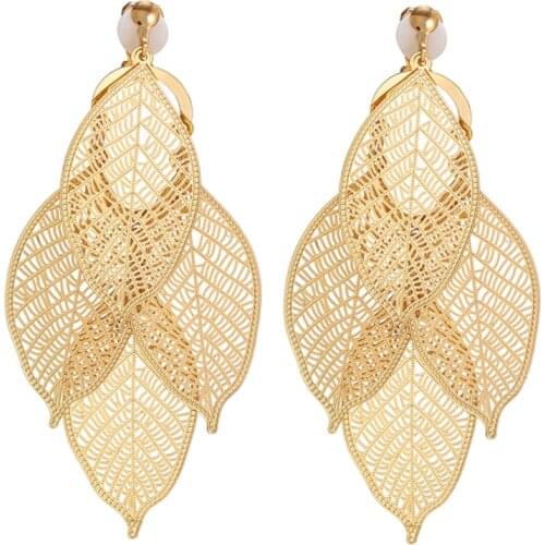 2021 New Women Girl Bohemian Leaves Pendant Clip Earrings Elegant Party Boho Non Pierced Earrings Jewelry