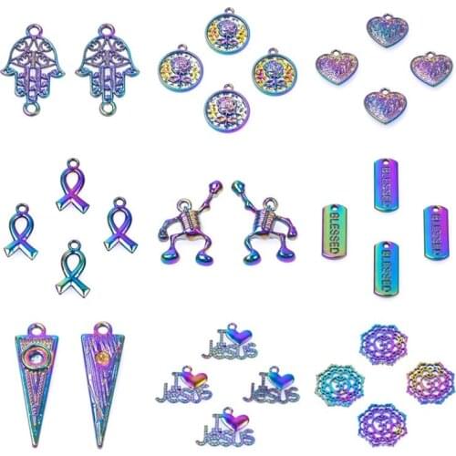 5pcs Rainbow Fatima Hand Vintage Charms For Jewelry Making Necklace Earrings OM Cross Pendant Charm Jesus Rhinestone Accessories