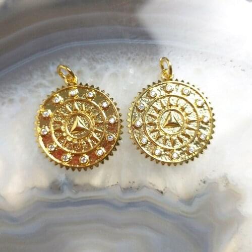 5pcs Vintage Classic Sun Pendant Gold Brass Plated CZ Paved Round DIY Jewelry For Men Women Retro Handmade Necklace Earrings Y