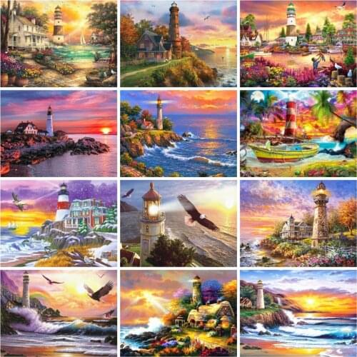 AZQSD Diamond Painting Lighthouse Cross Stitch Diamond Embroidery Sale Scenery Handmade Home Decor Picture Of Rhinestones