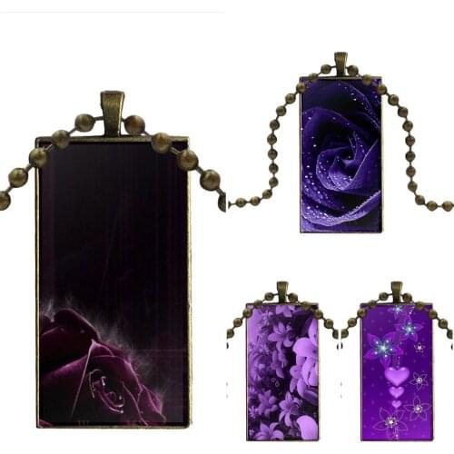For Unisex Beautiful Dark Purple Flowers Pattern Glass Pendant Necklace Handmade Half Pendant Rectangle Necklace