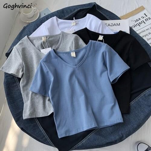 Women T-shirts Solid V-neck Cropped Tops Basic Summer Short Sleeve Tshirts Cotton Slim All-match Students Harajuku Tees Leisure