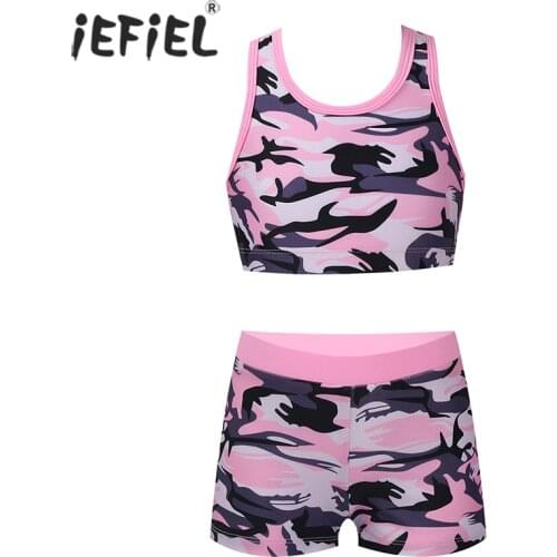 Kids Girls Clothes Sets Camouflage Sleeveless Y-Back Sport Tanks Top Ballet Dance Gym Workout Vest with Bottoms Shorts Outfits