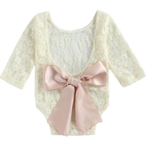 Cute Toddler Baby Girl Lace Bodysuit Big Bow Backless Long Sleeve Jumpsuit Princess Baby Flowers Hollow Lace Bodysuit 0-24M