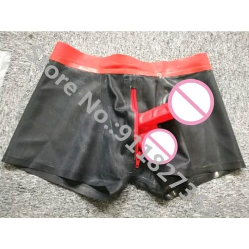 Handmade Men Black with Red Latex Rubber Fetish Shorts with Front Zipper Hidden Ball Penis Sheath