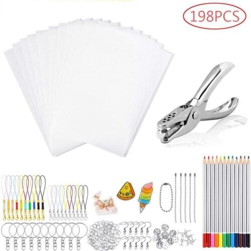 198PCS Shrinky Plastic Kit Heat Shrink Sheet Art Paper Hole Punch Keychains Pencils Drawing Supply Creative Charms Maker