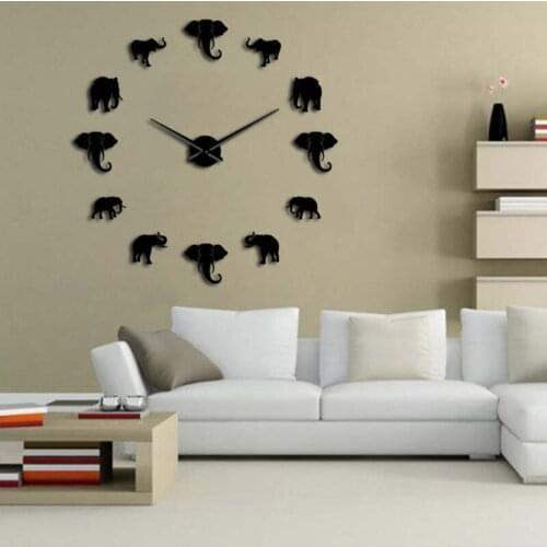 DIY elephant wall art acrylic frameless giant wall clock mirror effect large hanging clock decoration home living room bedroom