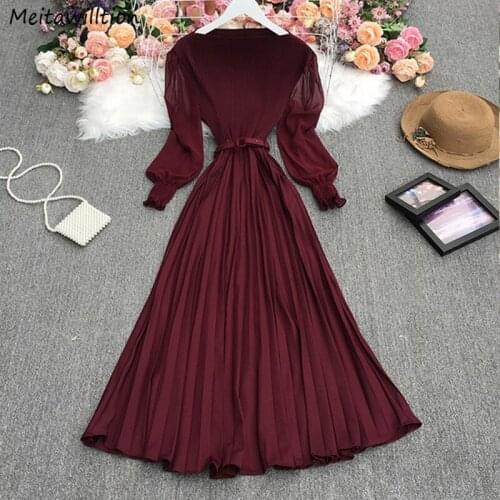 Autumn Winter Women Long Sleeve Pleated Dresses 2021 Vintage Solid Party Dresses Casual Belted Long Dress Vestido Plus Size